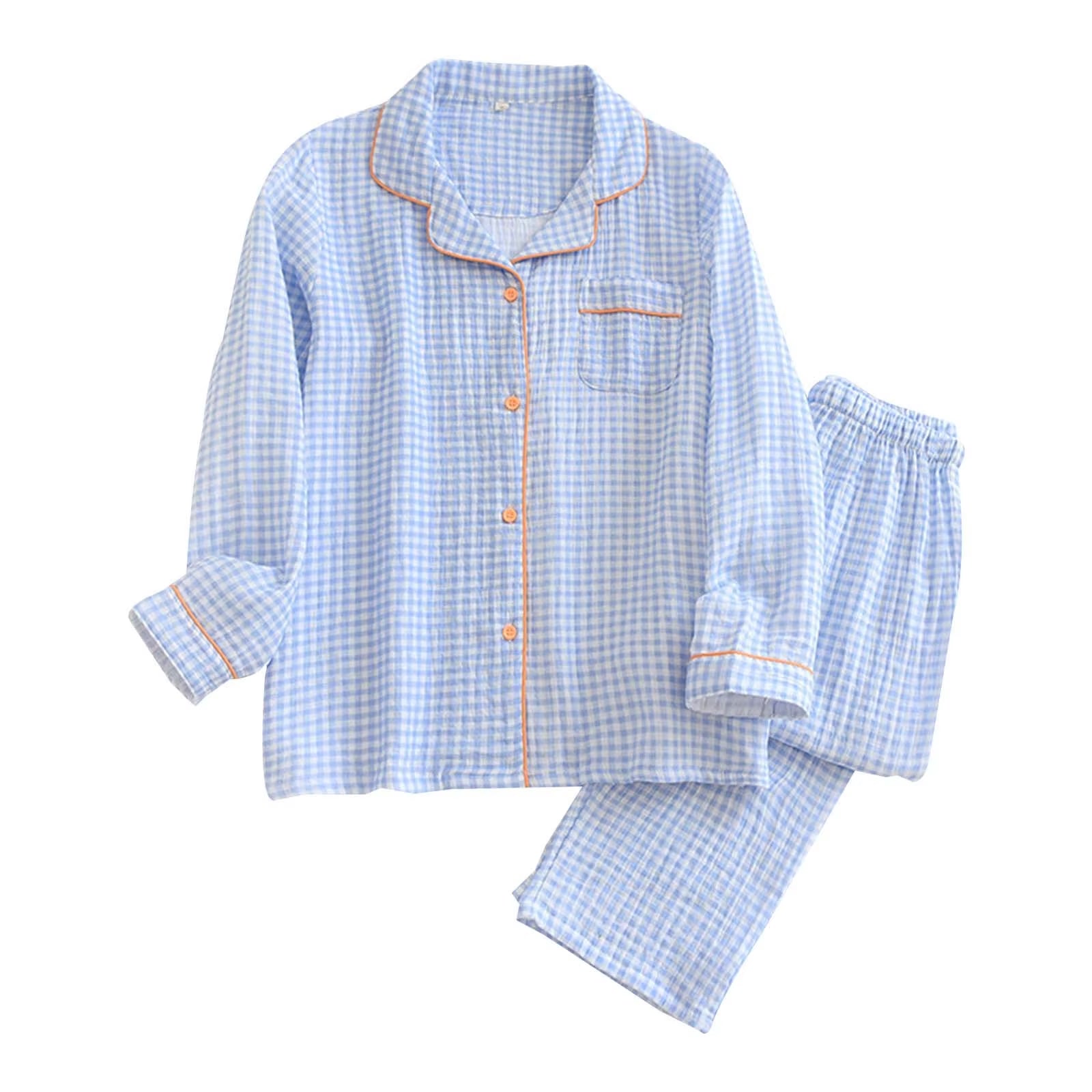 Solid Breathable Lovers 100% Cotton Crepe Pajamas Sets Women Men Autumn Long Sleeve Fresh Soft Pijama Mujer Casual Pyjamas
