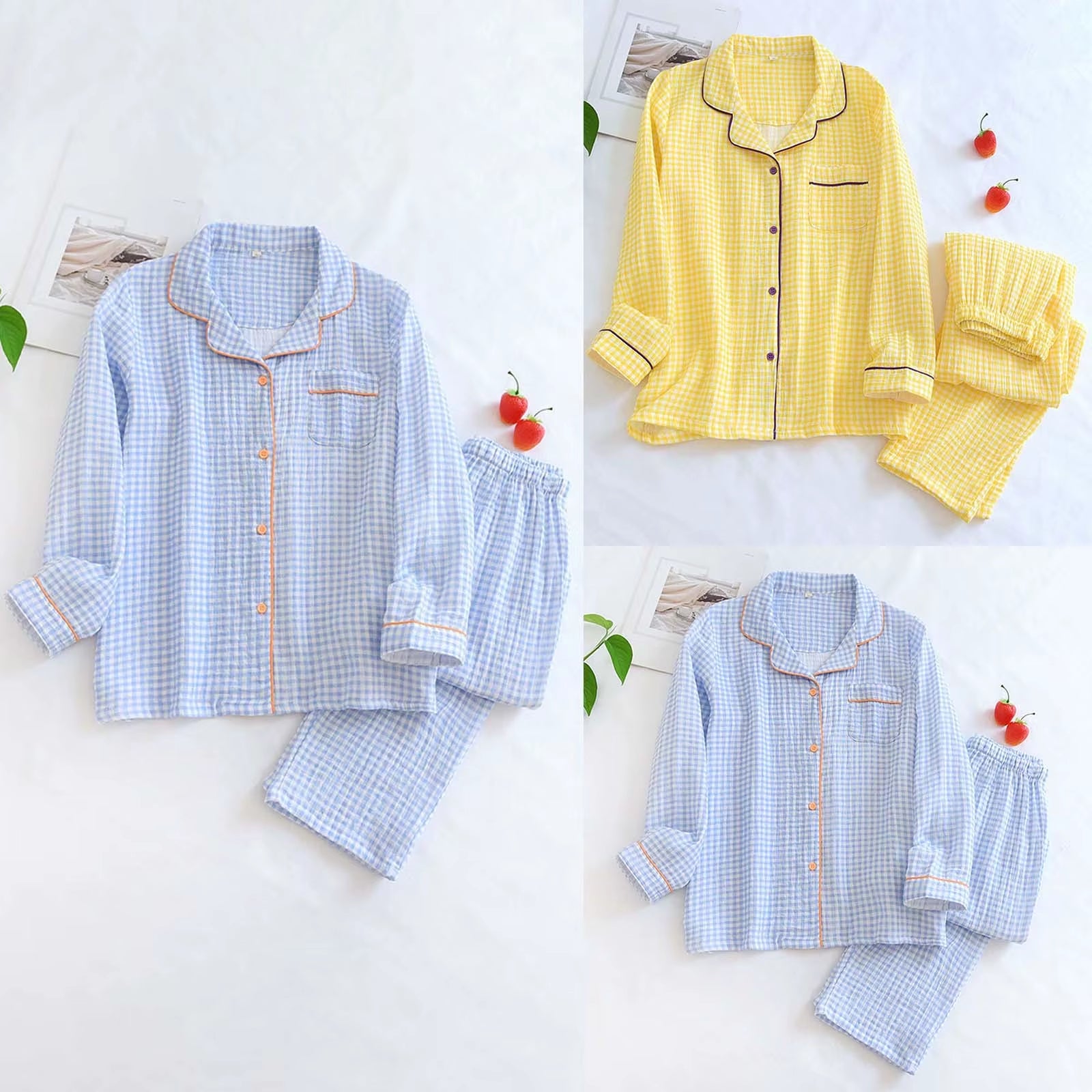 Solid Breathable Lovers 100% Cotton Crepe Pajamas Sets Women Men Autumn Long Sleeve Fresh Soft Pijama Mujer Casual Pyjamas
