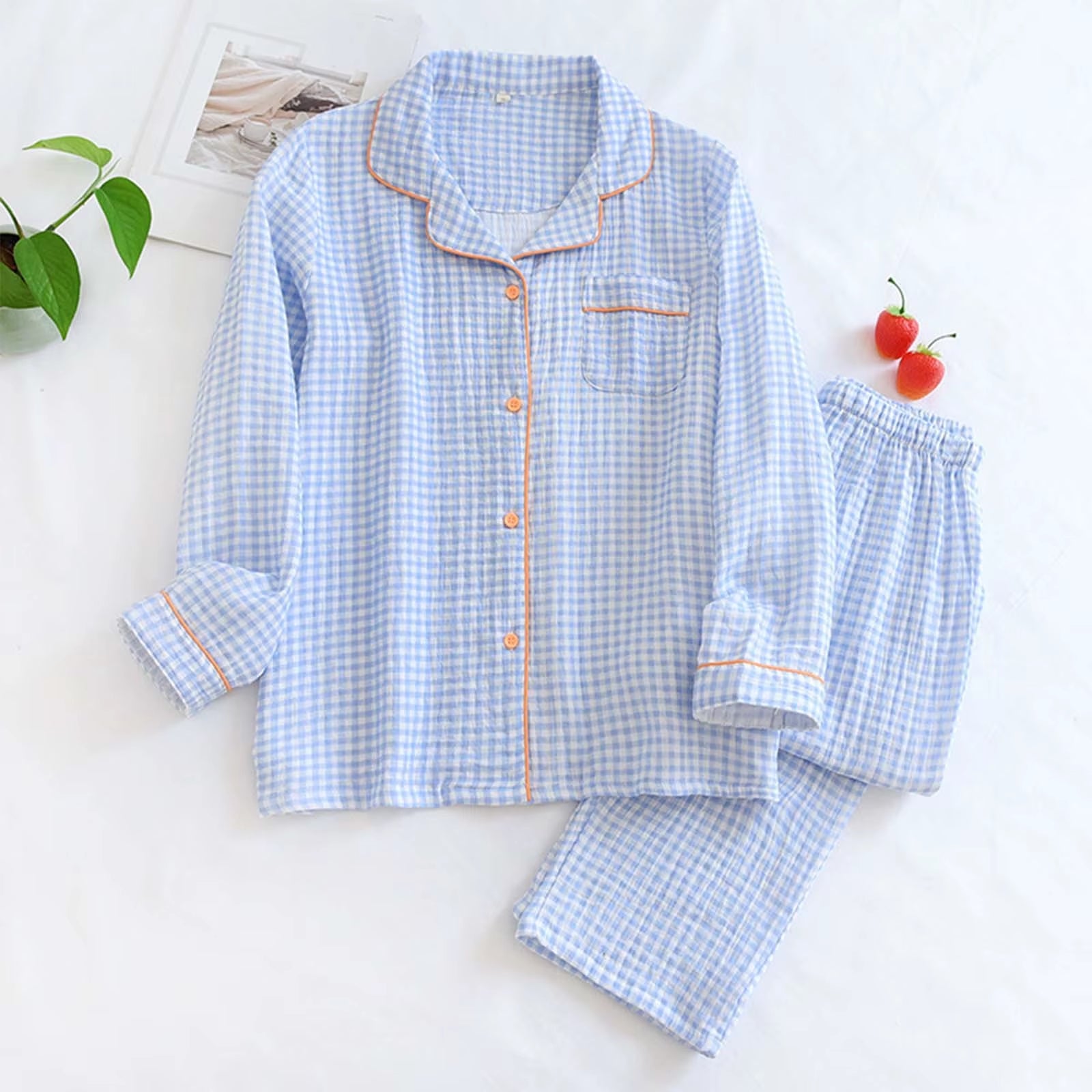 Solid Breathable Lovers 100% Cotton Crepe Pajamas Sets Women Men Autumn Long Sleeve Fresh Soft Pijama Mujer Casual Pyjamas