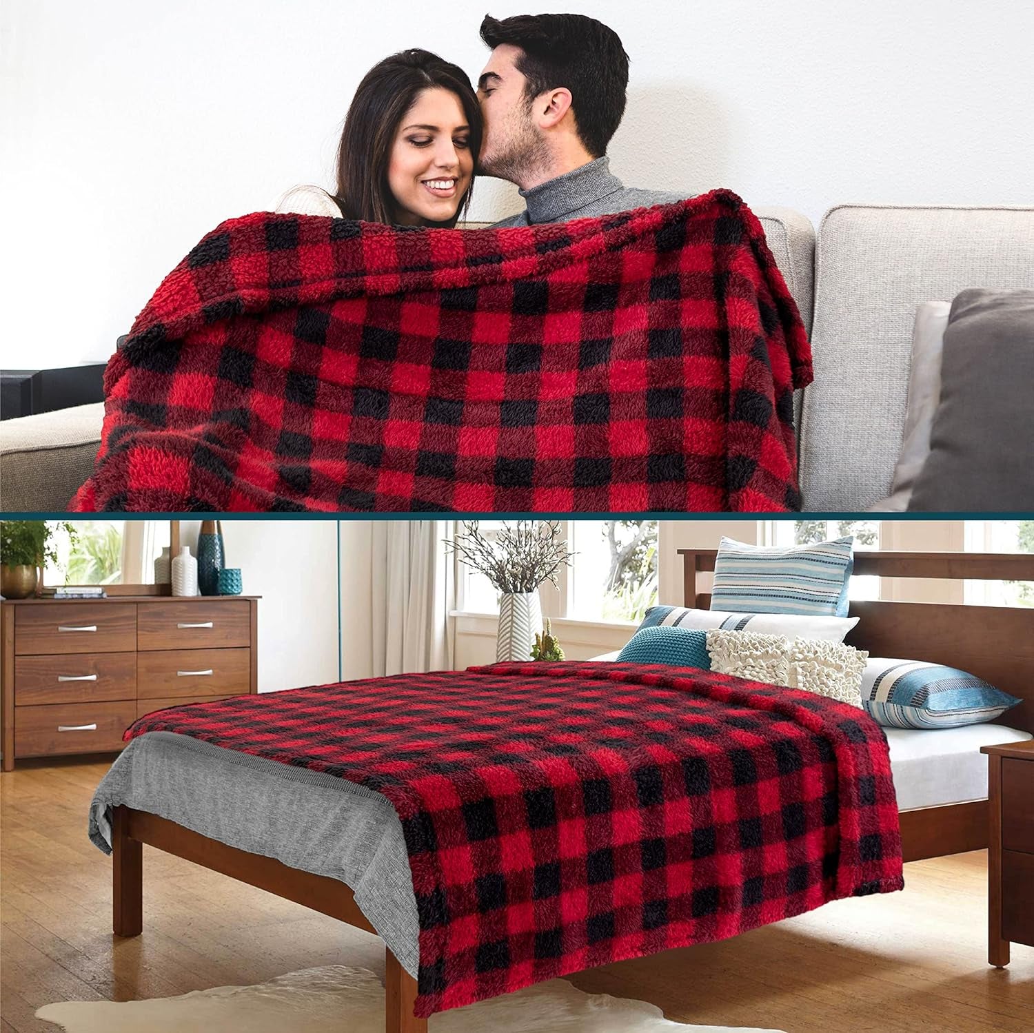 Sherpa Throw Blanket for Couch Sofa, Black Red Checkered Fluffy Warm Plush Blanket for Bed, Cozy Super Soft Lightweight Throw, Fuzzy Decorative Blanket, All Season Home, 50X60