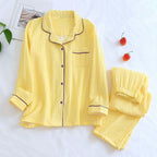Solid Breathable Lovers 100％ Cotton Crepe Pajamas Sets Women Men Autumn Long Sleeve Fresh Soft Pijama Mujer Casual Pyjamas