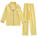 Solid Breathable Lovers 100％ Cotton Crepe Pajamas Sets Women Men Autumn Long Sleeve Fresh Soft Pijama Mujer Casual Pyjamas