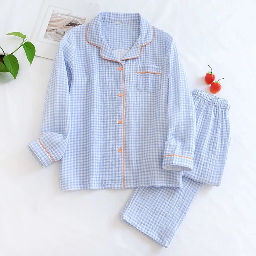 Solid Breathable Lovers 100％ Cotton Crepe Pajamas Sets Women Men Autumn Long Sleeve Fresh Soft Pijama Mujer Casual Pyjamas